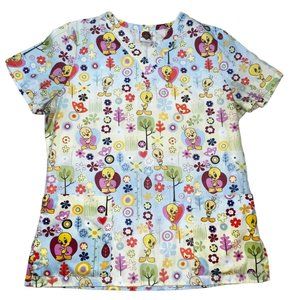 Vintage Tweety Bird Warner Brothers Colorful Scrub Top S